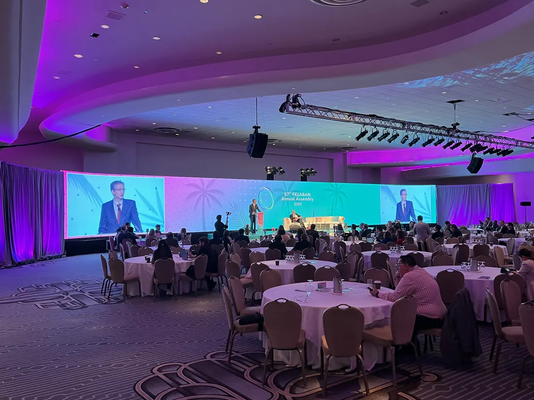 Ballroom with a wide LED wall and purple lighting at the Fontainebleau Miami Beach